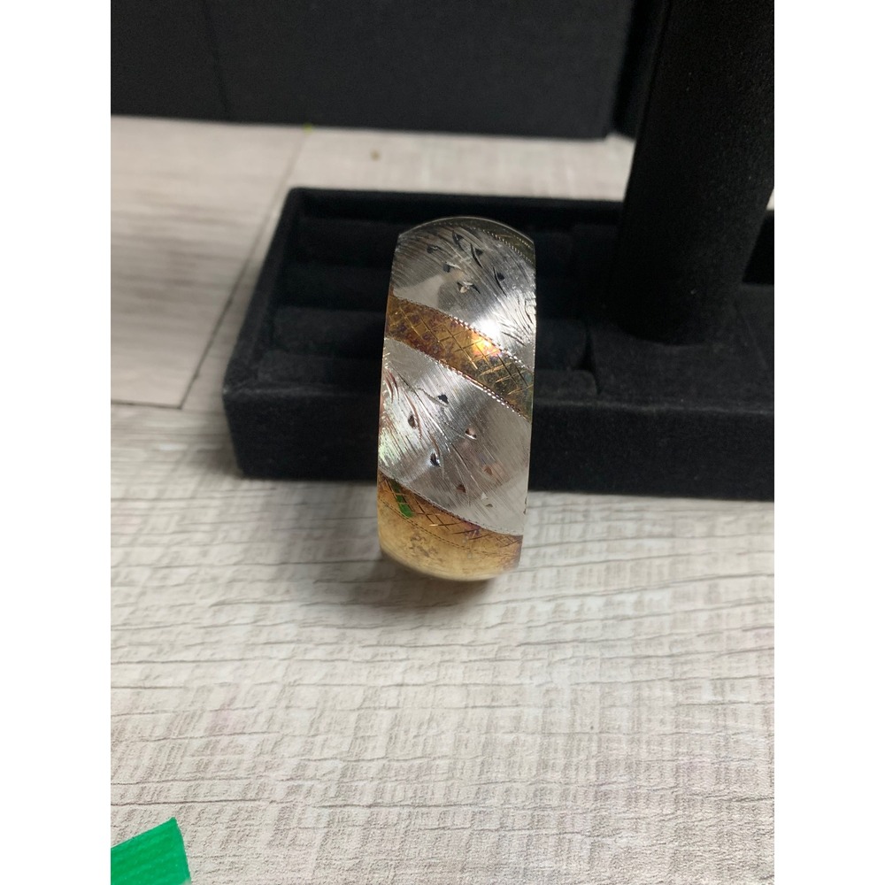Vintage Two Tone Gold Silver Etched Diamond Cut Cuff Bracelet Statement Jewelry
